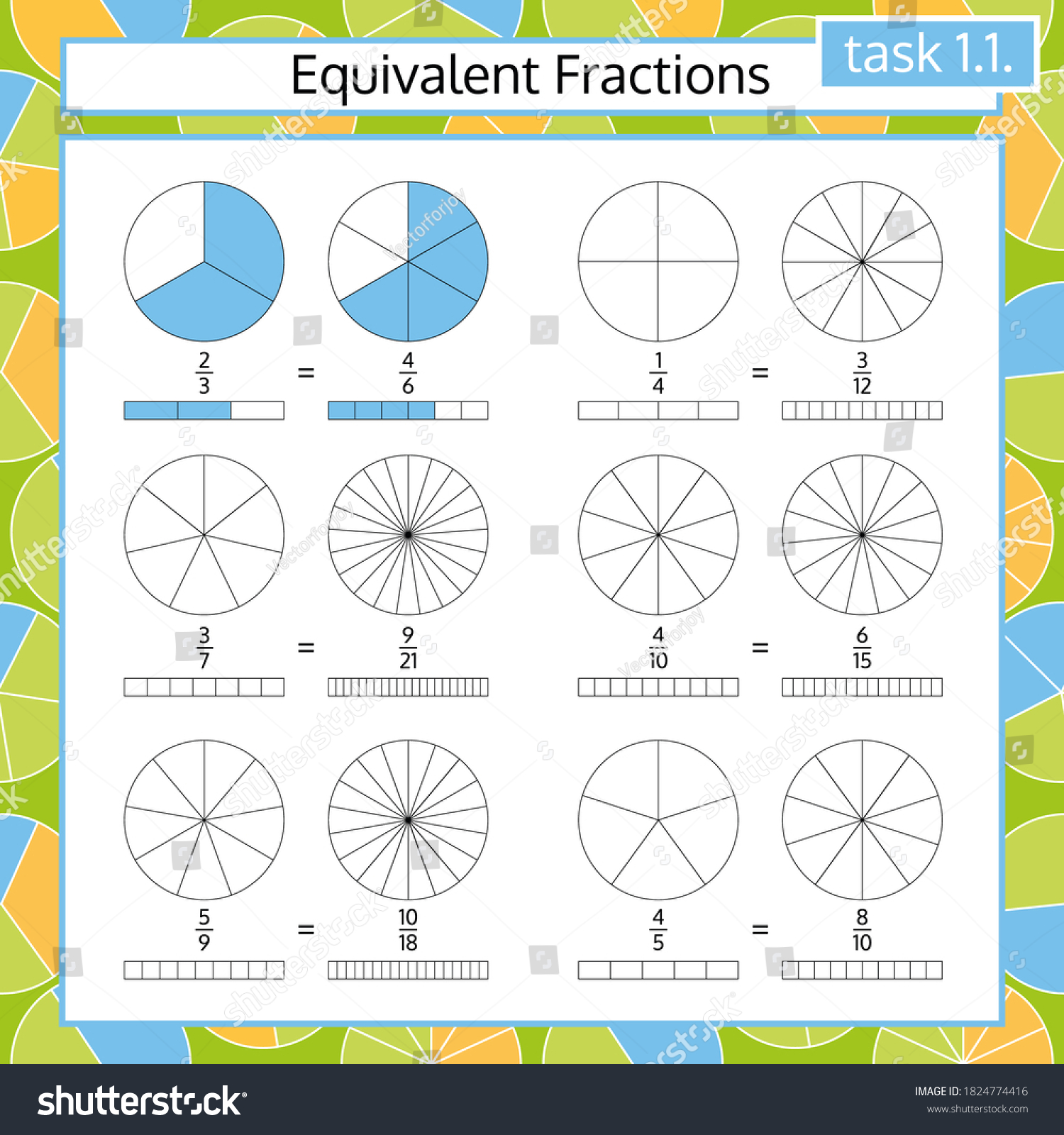 equivalent fractions mathematical worksheet set coloring stock illustration 1824774416