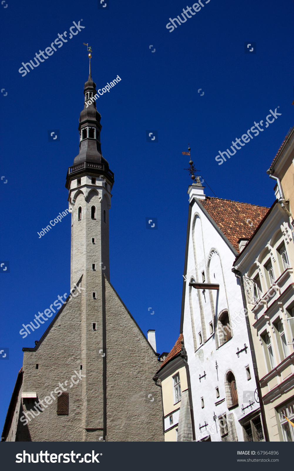 Estonia Tallinn Historic Center With Gable End Of Tall Church Spire And ...