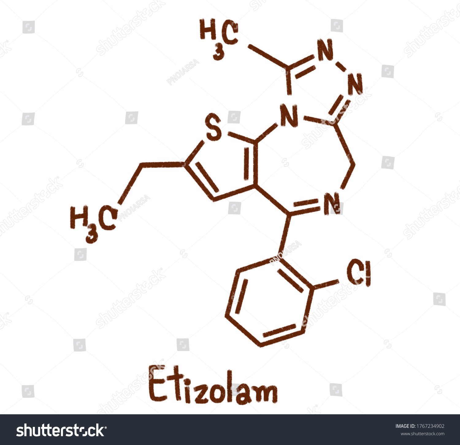 エチゾラムはベンゾジアゼピン z 薬物クラスと化学的に関連するチエノジアゼピンである チオフェン環に置換されたベンゼン環を有するbdzとは異なる のイラスト素材
