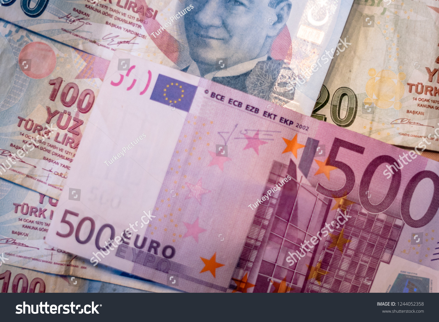 Euro Turkish Lira Banknotes Stacked Forex Stock Photo Edit Now 1244052358