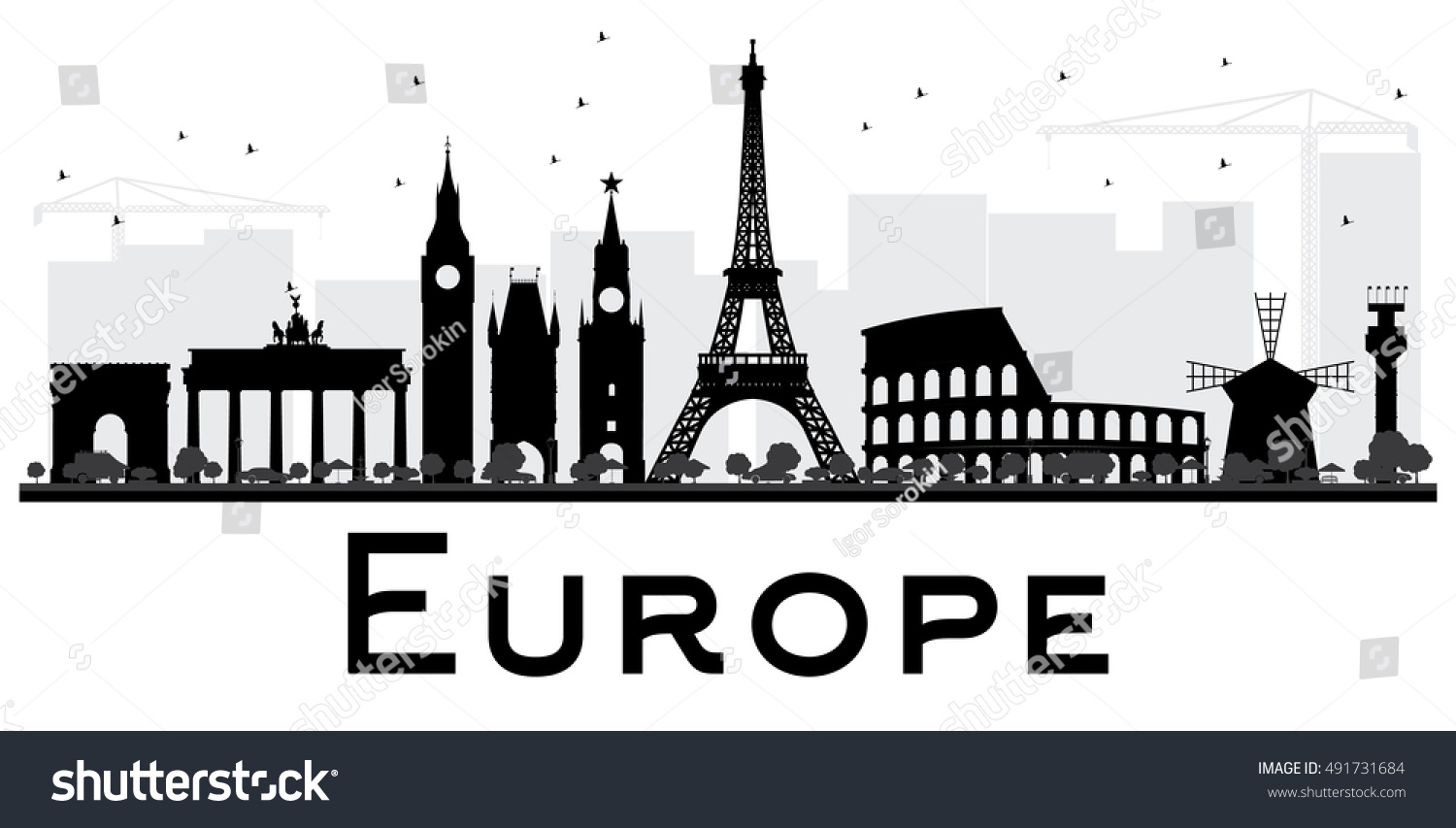 Europe Skyline Silhouette Landmarks Simple Flat Stock Illustration ...