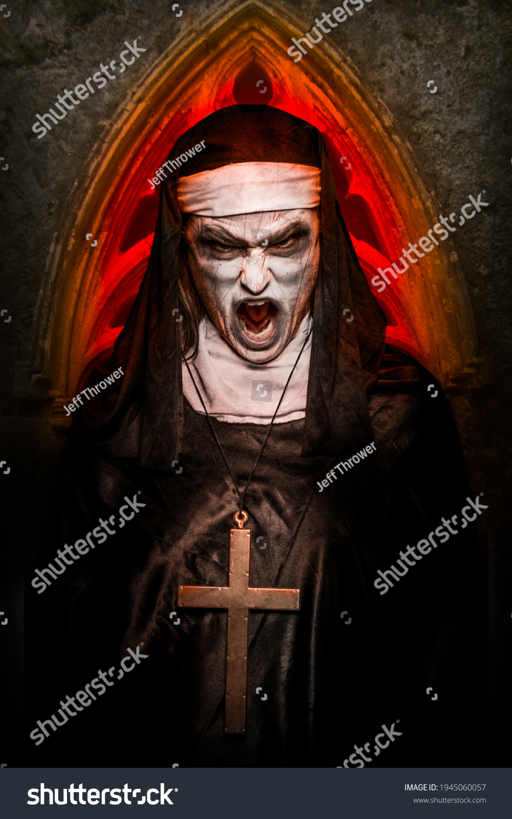 Evil Possessed Nun Screaming Wearing Cross Stock Photo 1945060057