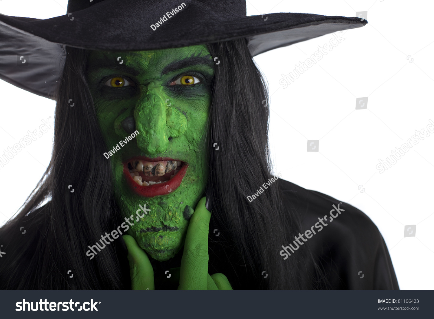 Evil Witch Rubbing Her Chin, White Background. Stock Photo 81106423 ...