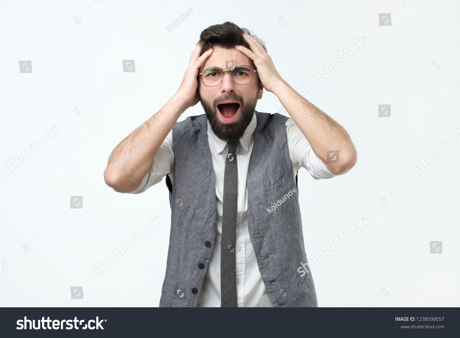 Excited Crazy Hispanic Man Yelling Touching Stock Photo 1238590057 ...