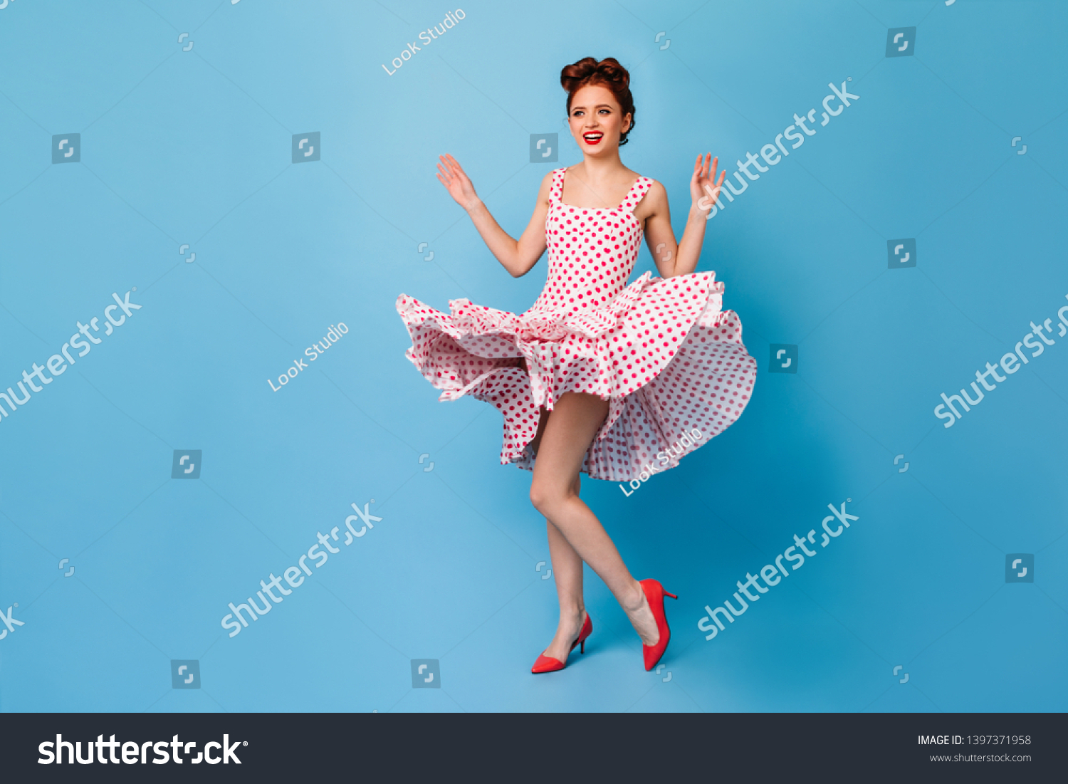 Excited Fit Woman Pinup Attire Dancing Stock Photo 1397371958 ...