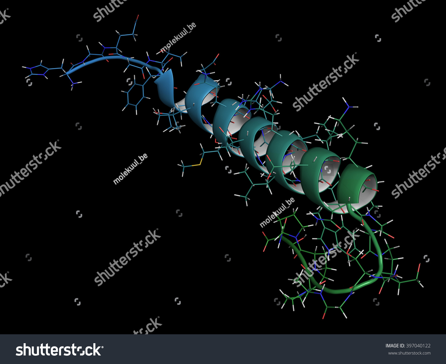 Exenatide diabetes drug molecule. 3D rendering. Cartoon + line representation.