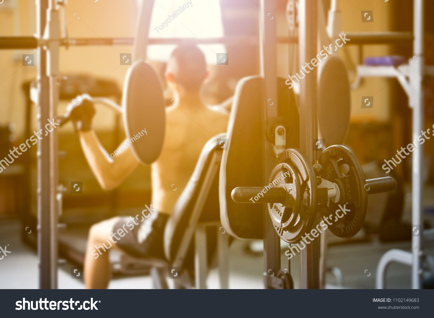 Exercise On Weight Bench Barbell Set Stock Photo Edit Now 1102149683