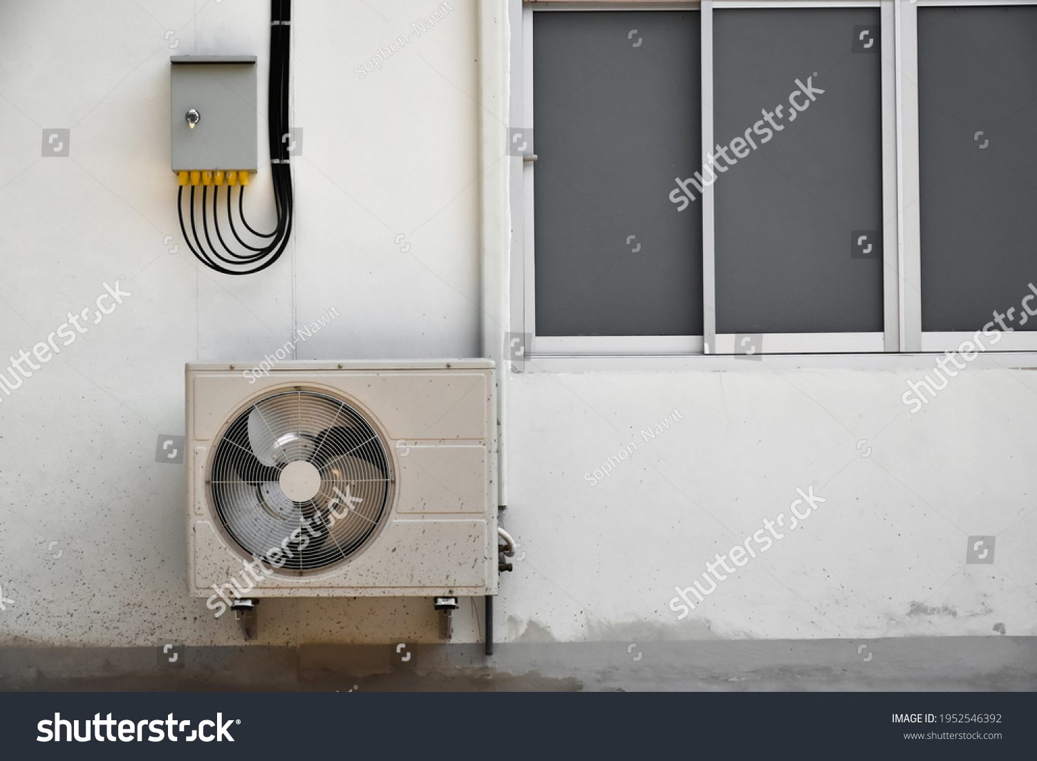 Exhaust Fan Installed Near Electric Combiner Stock Photo Edit Now   Stock Photo Exhaust Fan Installed Near Electric Combiner Box And Glass Windows On The House Wall In Asian 1952546392 