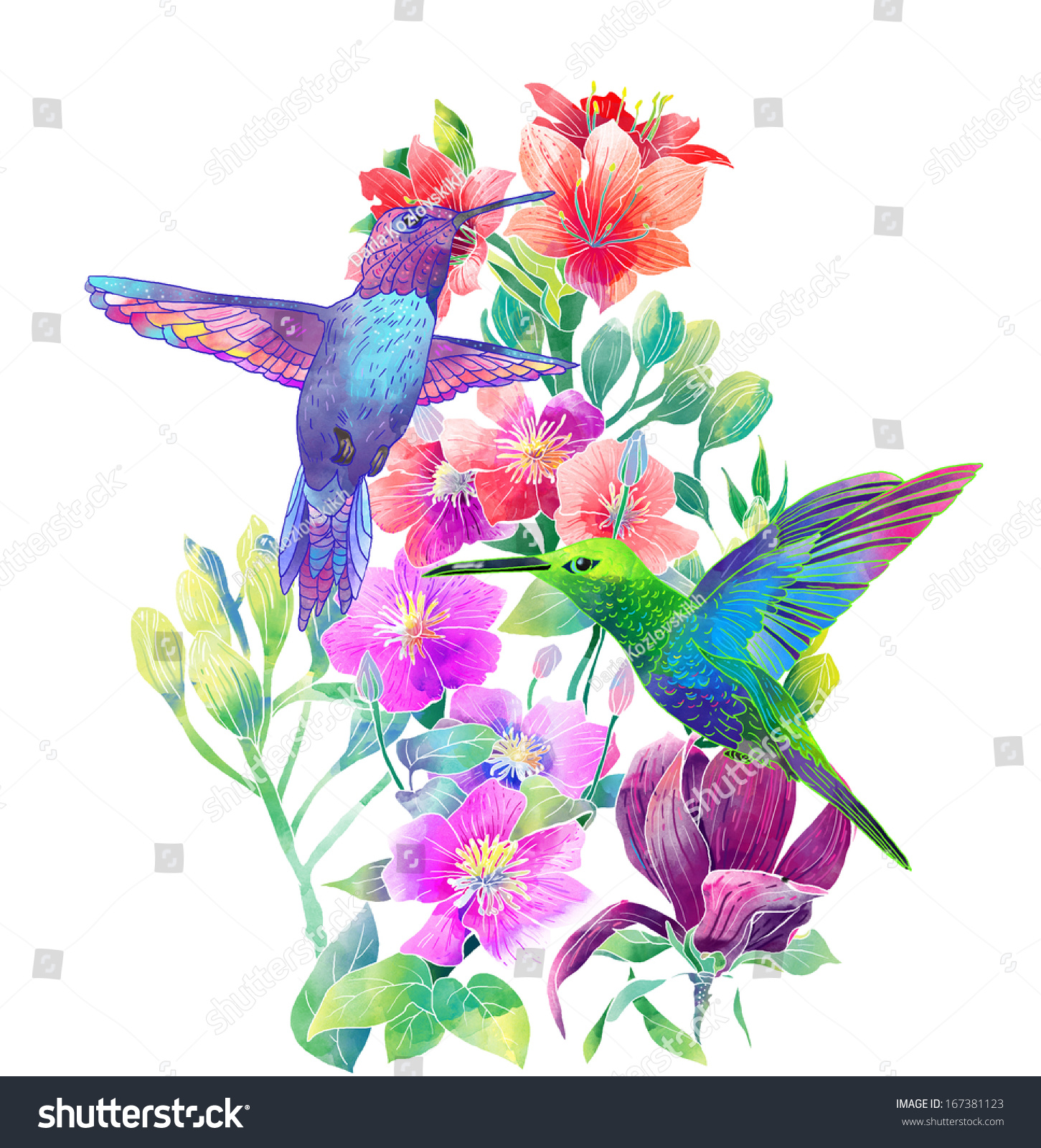 Exotic Flowers Birds Stock Illustration 167381123 