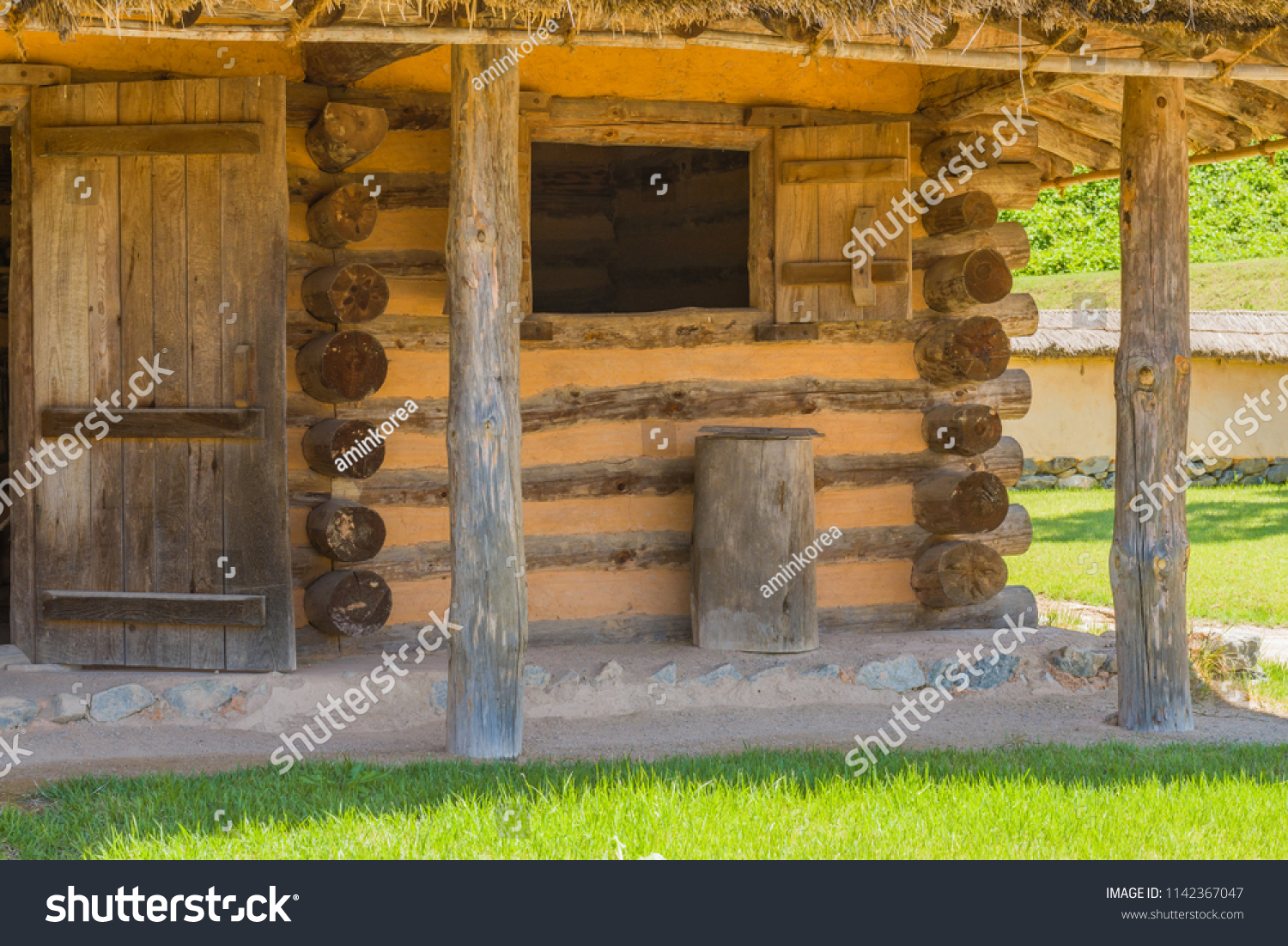 Exterior Log Cabin Concrete Stone Porch Stock Photo Edit Now