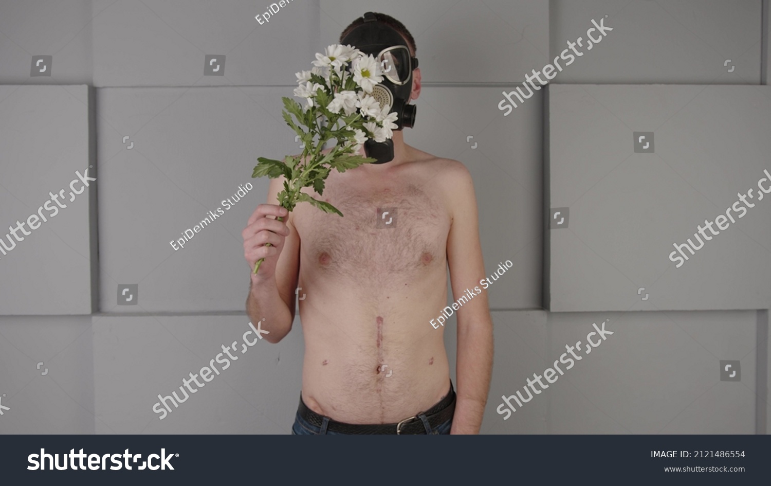 Faceless Shirtless Man Gas Mask Smelling Stock Photo Edit Now