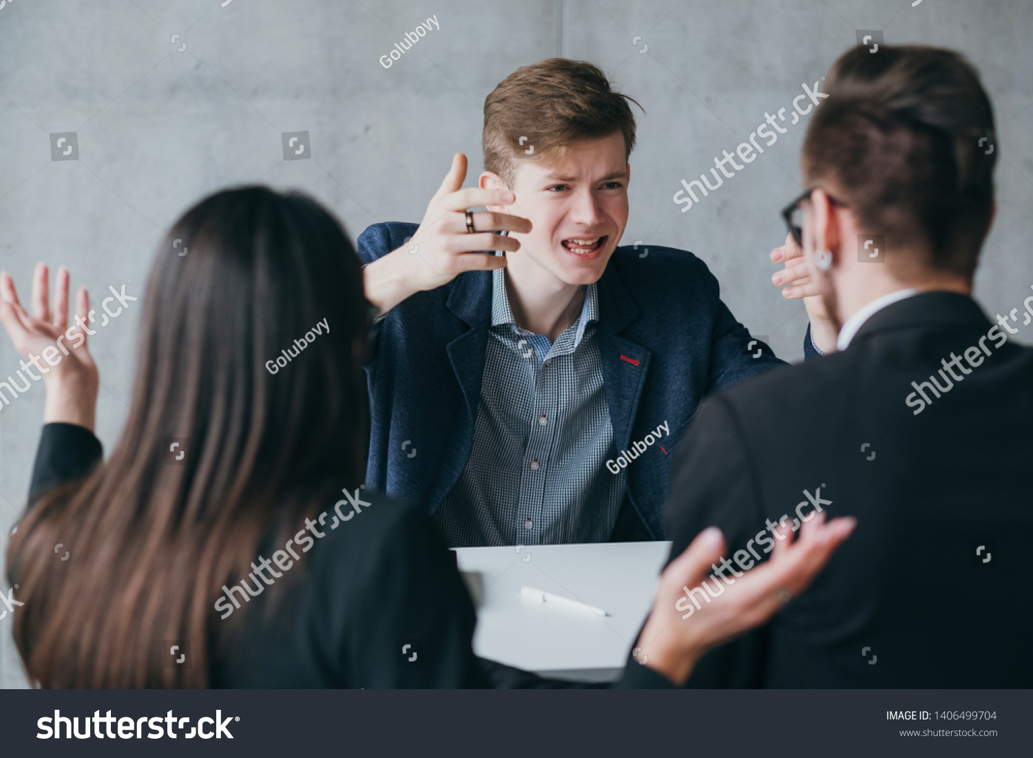 Stock Photo Failed Job Interview Human Resources Short Tempered Applicant Yelling At Hr Managers Pressing 1406499704 