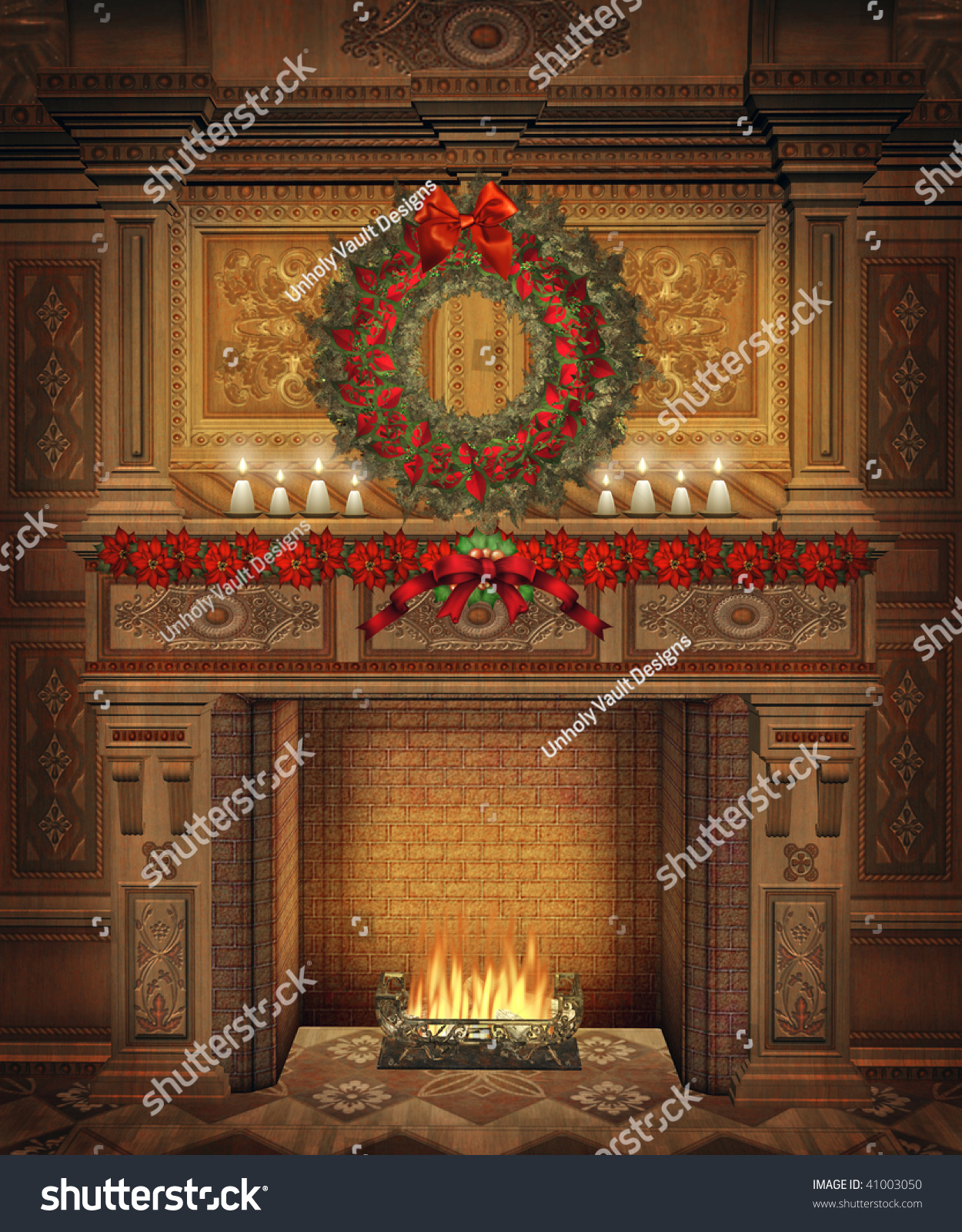 Fairytale Fireplace With Christmas Wreath And Poinsettias Stock Photo ...