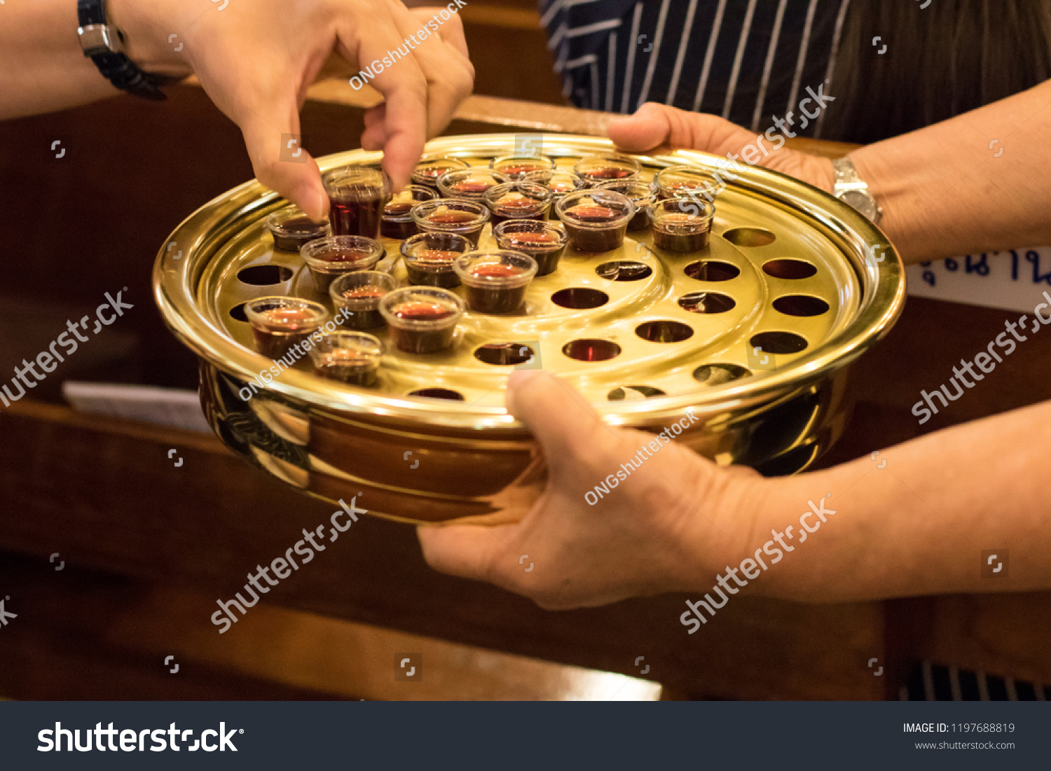 Faithful Elder Passing Tray Contains Cups Stock Photo Edit Now 1197688819