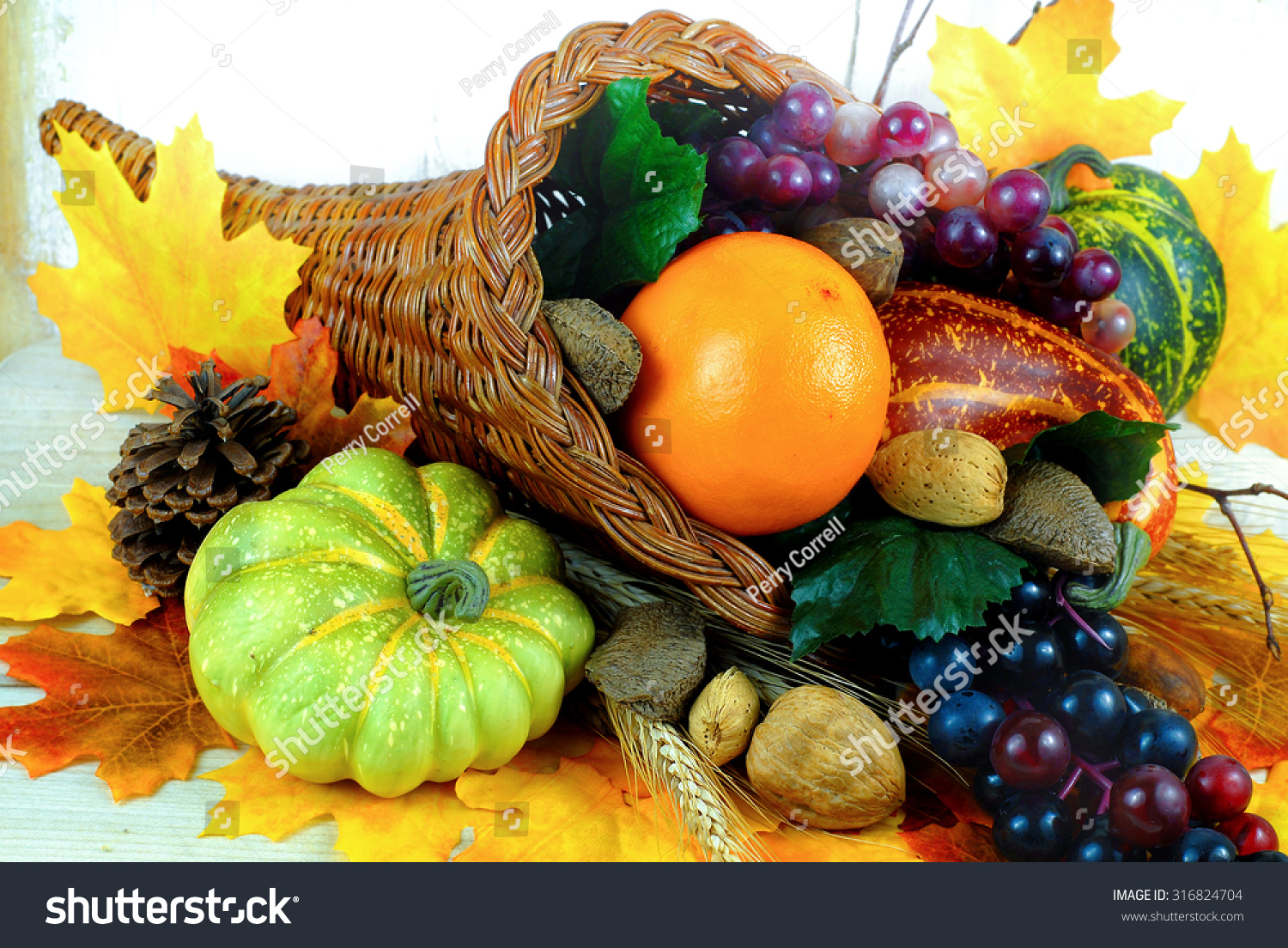 Fall Cornucopia Overflowing With Orange, Grapes, Squashes And Nuts With ...