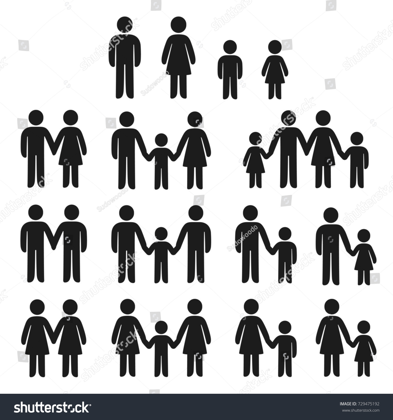 Family Icons Set Adults Children Stick Stock Illustration 729475192