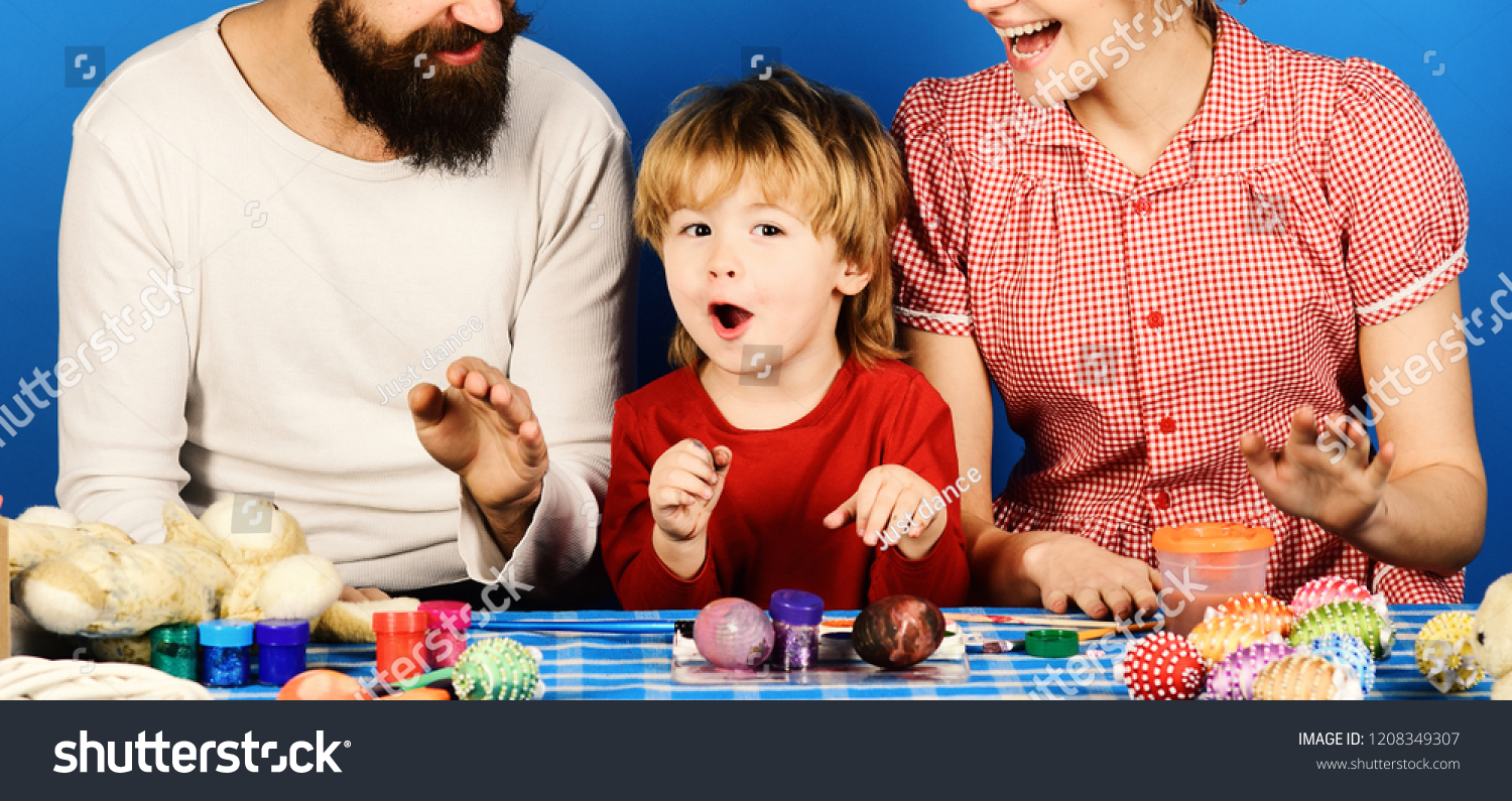 Family Prepares Colored Eggs Easter Decorations Stock Photo Edit