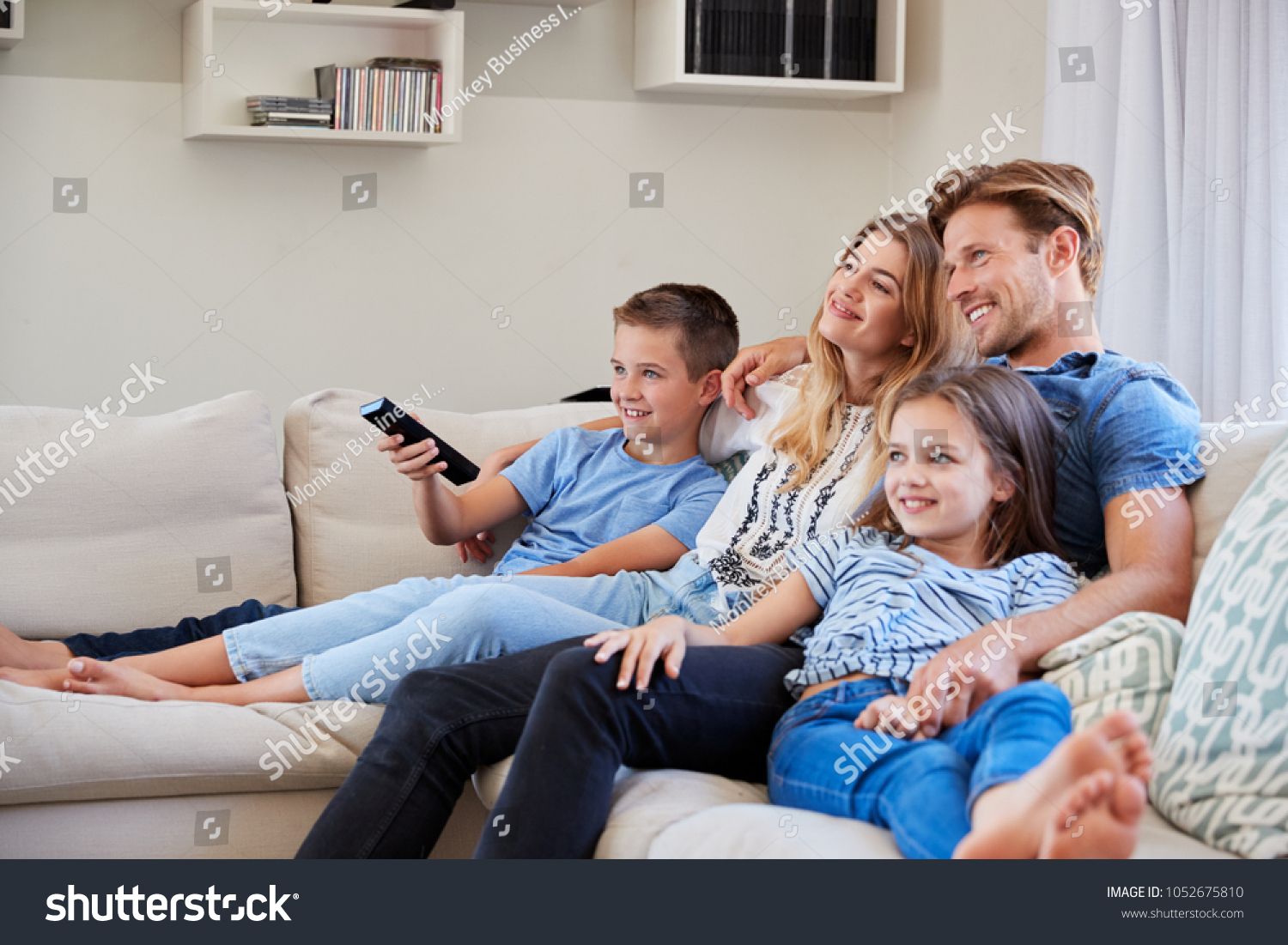 Family Sitting On Sofa Home Watching Stock Photo 1052675810 Shutterstock   Stock Photo Family Sitting On Sofa At Home Watching Tv Together 1052675810 