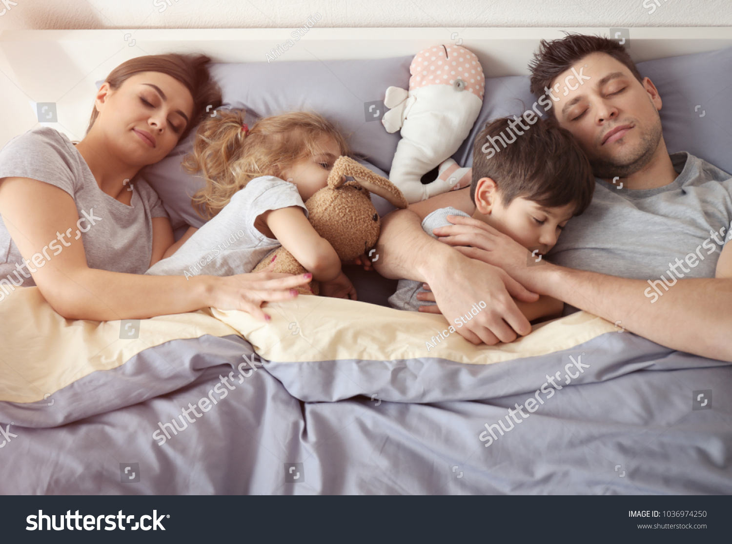 Family Sleeping Bed Home Stock Photo 1036974250 Shutterstock   Stock Photo Family Sleeping In Bed At Home 1036974250 