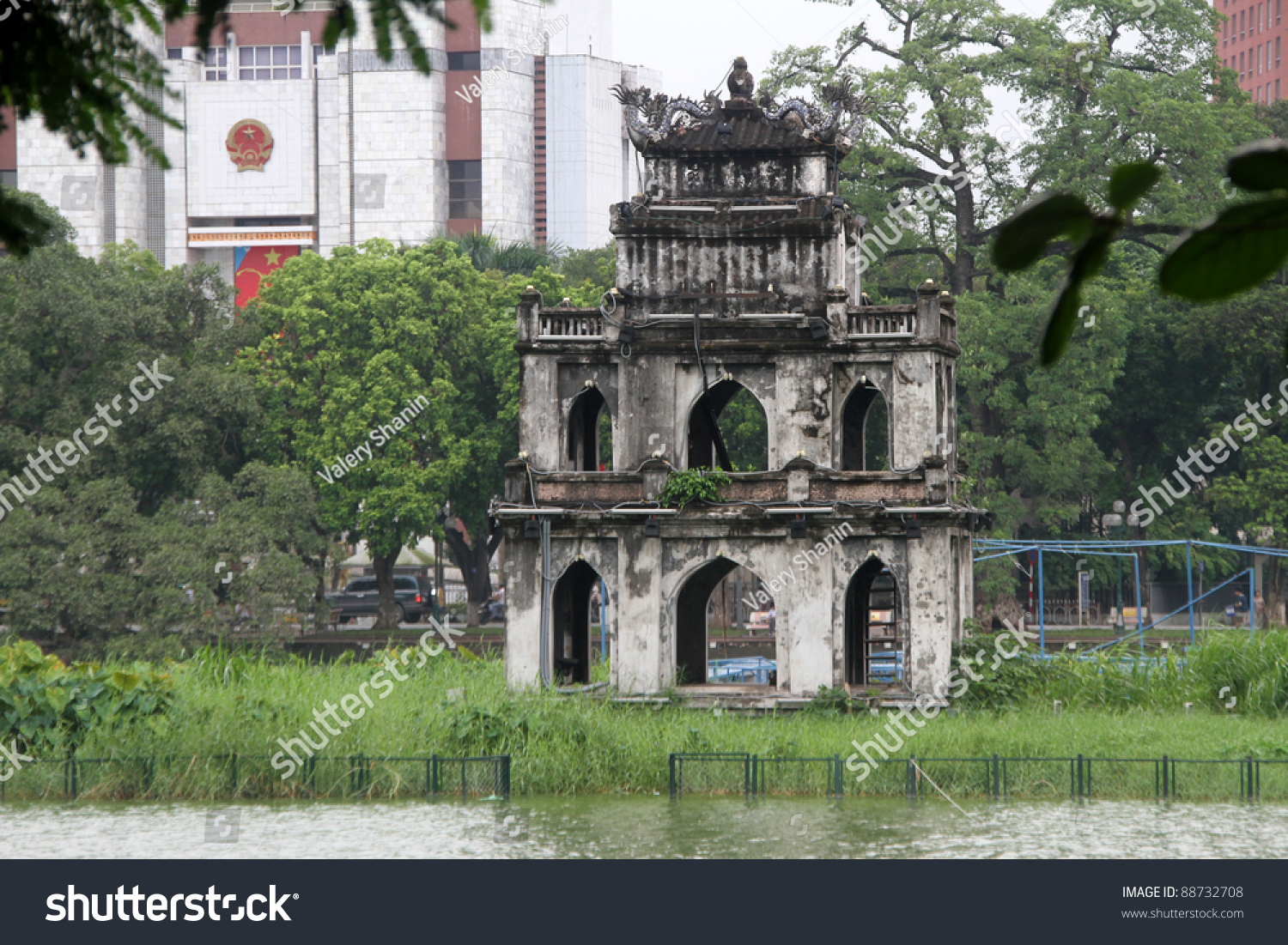 Famous Pagoda On The Hoan Kiem Lake In Hanoi, Vietnam Stock Photo ...