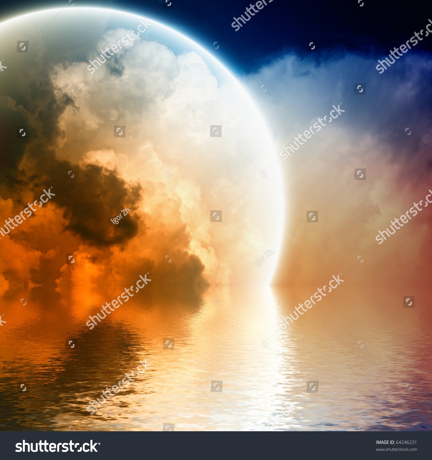 Fantastic Glowing Sphere In Sky With Reflection In Water Stock Photo ...