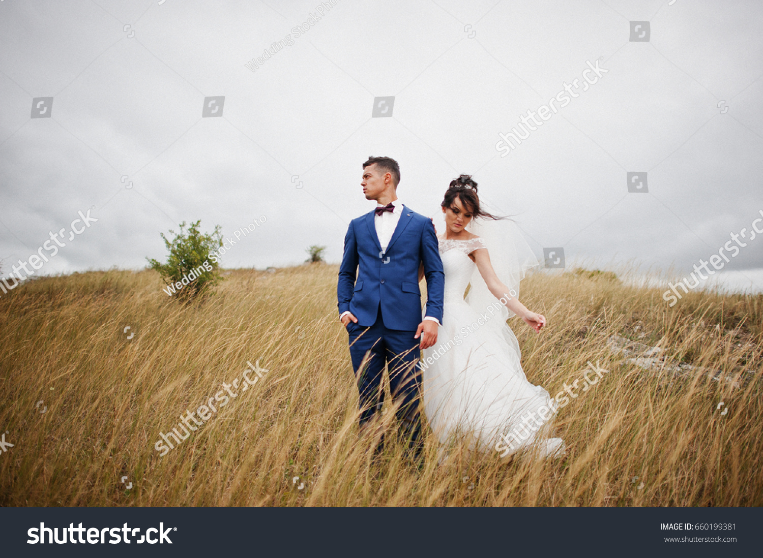 Fantastic Wedding Couple Walking Tall Grass Stock Photo Edit Now 660199381