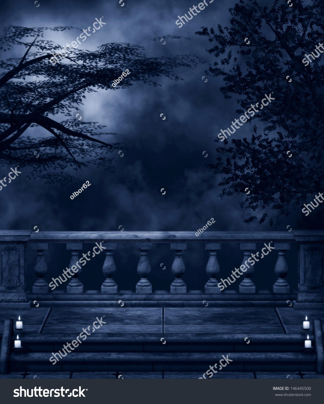 Fantasy Background Dark Night Trees Balconies Stock Illustration