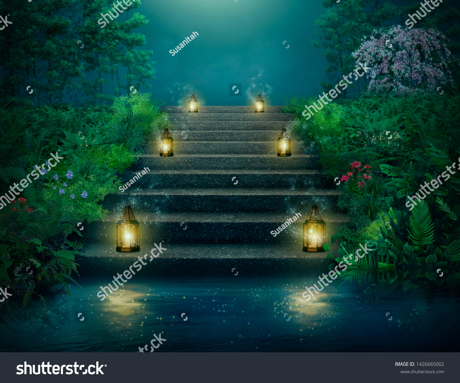 階段を照らす灯篭を持つ空想の庭 フォトマニピュレーション 3dレンダリング のイラスト素材