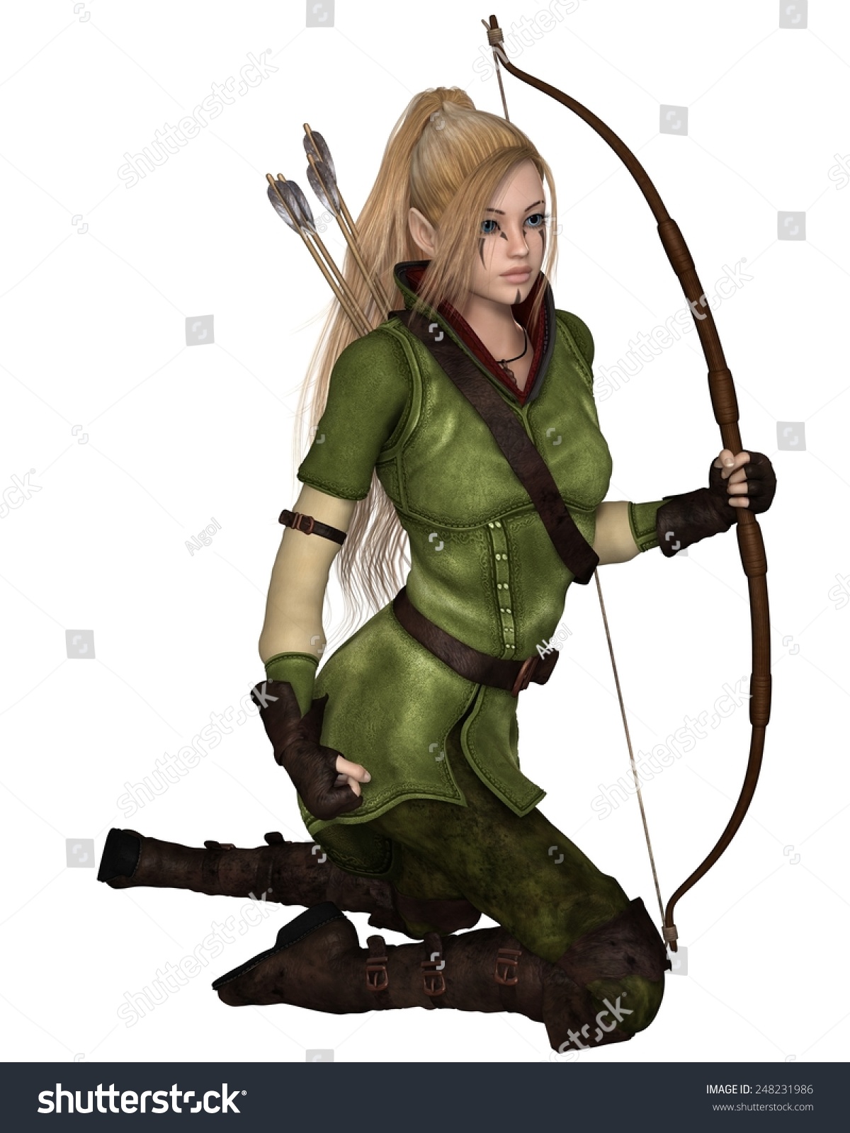 Fantasy Illustration Blonde Female Elf Archer のイラスト素材