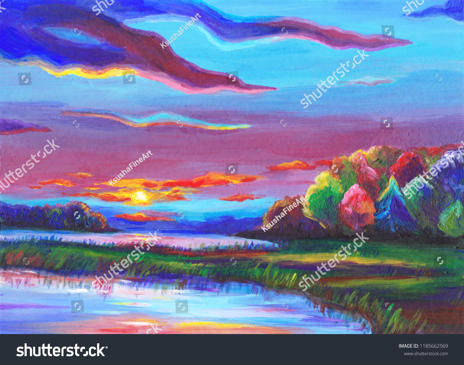 Fantasy Landscape Colorful Painting Sunset Clouds Stock Illustration