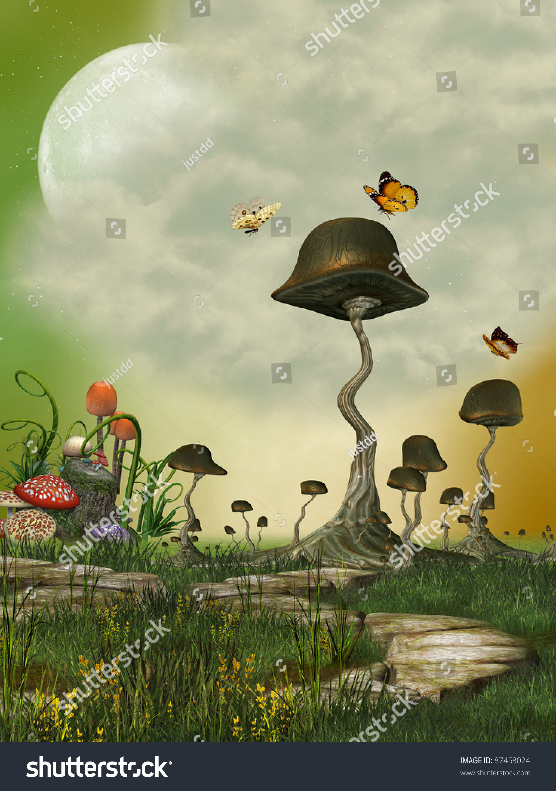 Fantasy Landscape With Butterfly And Mushrooms Stock Photo 87458024 ...