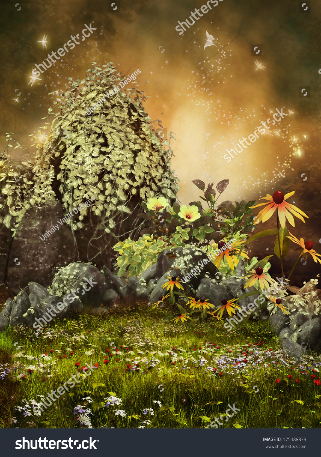 Fantasy Meadow Colorful Rocks Flowers Butterflies Stock Illustration ...
