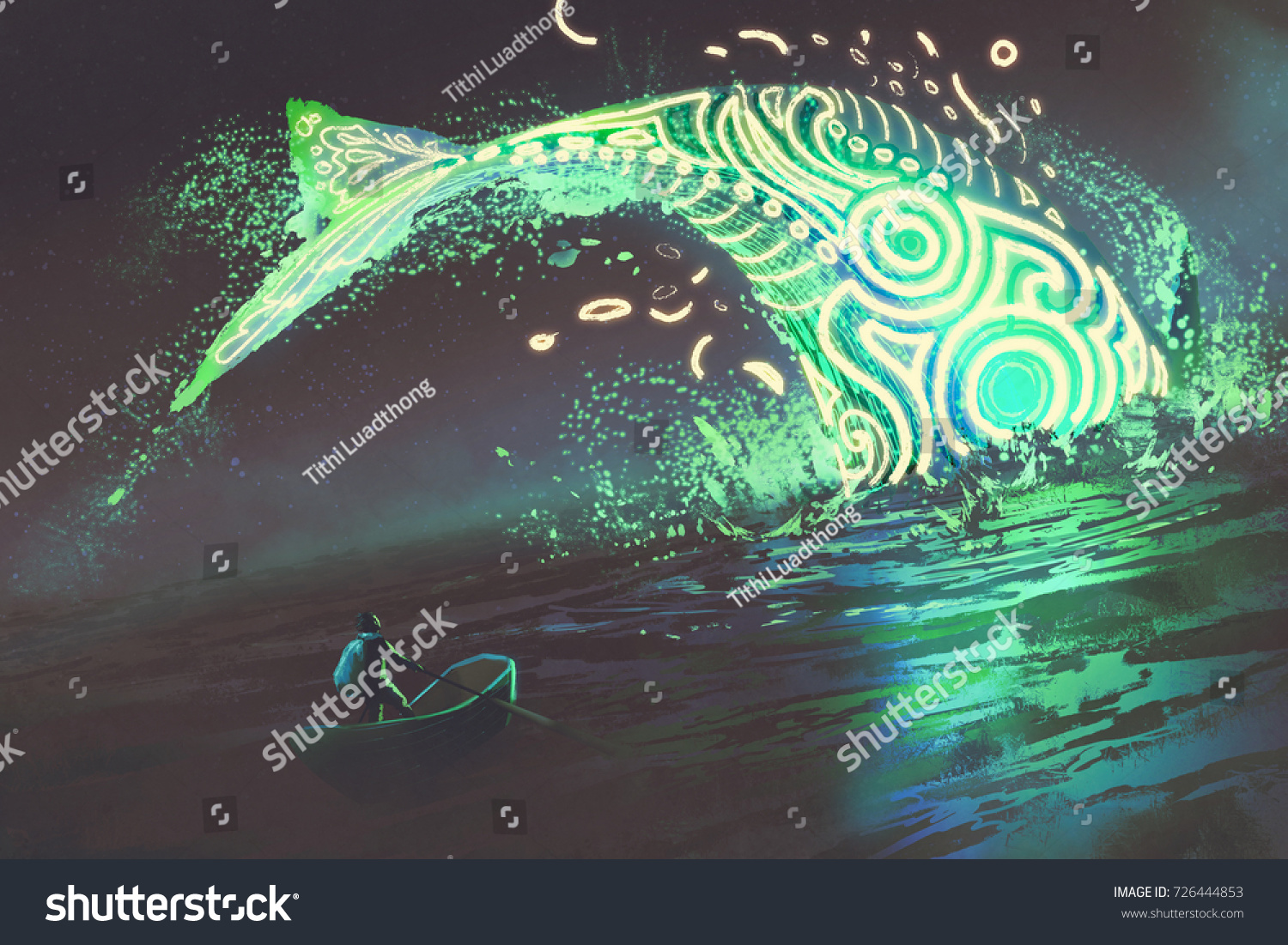 波に光る緑のクジラが飛び跳ねるのを見る 船上の人間の幻想的な風景 デジタルアートスタイル イラトス絵 のイラスト素材 波に光る緑のクジラが飛び跳ねるのを見る 船上の人間の幻想的な風景 デジタルアートスタイル イラトス絵 のイラスト素材