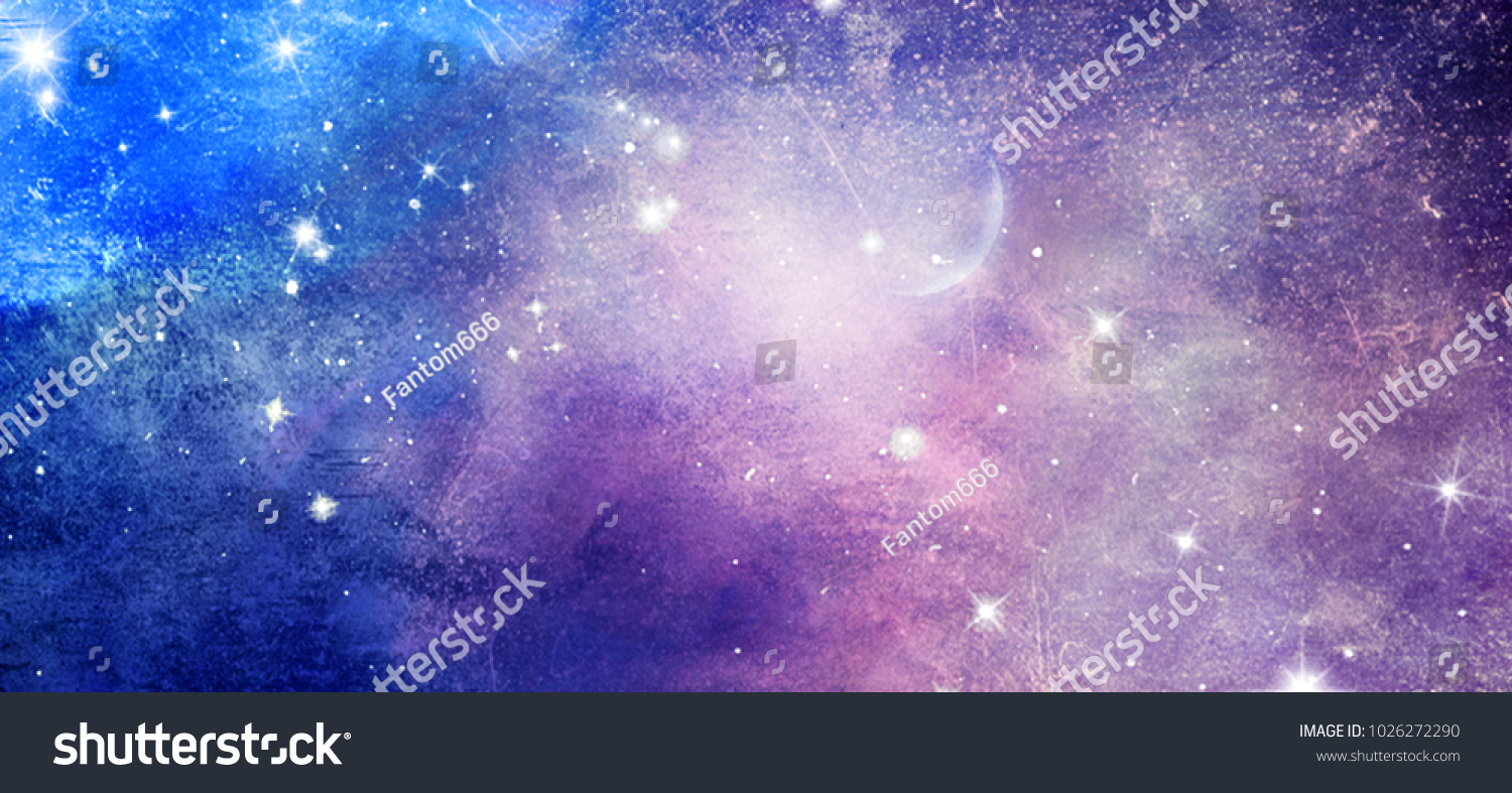 Fantasy Sky Moon Shining Stars Watercolor Stock Illustration