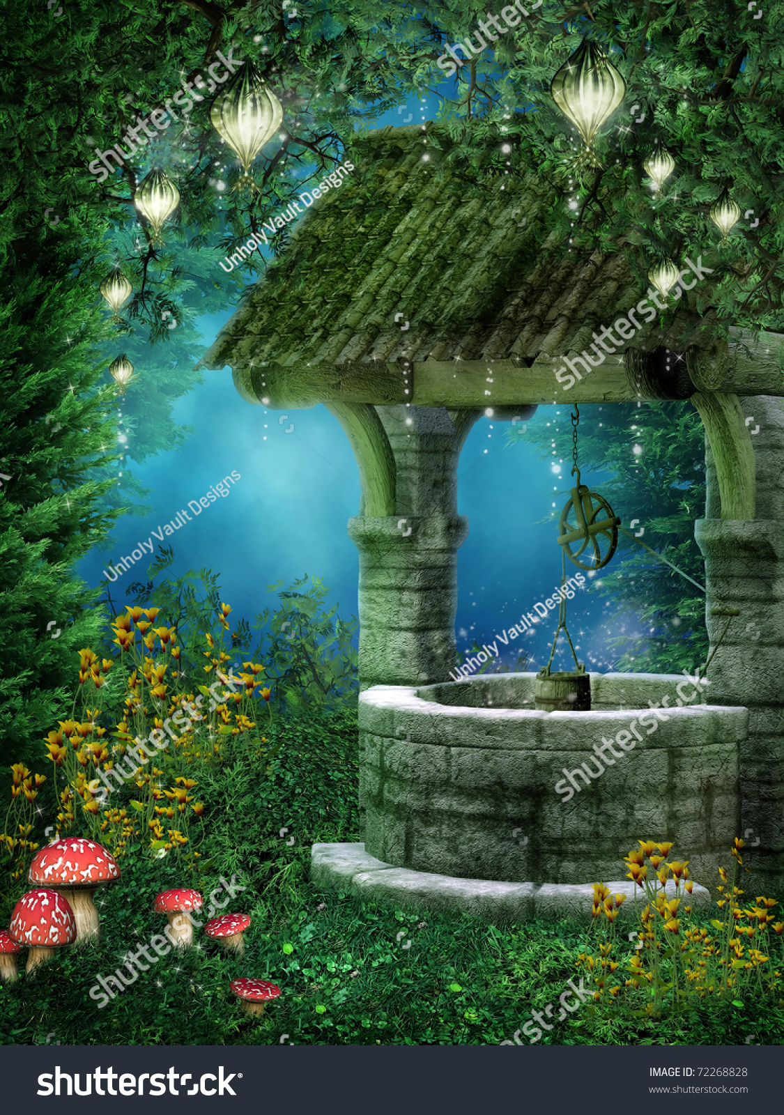 Fantasy Wishing Well With Fairy Lanterns Stock Photo 72268828 ...