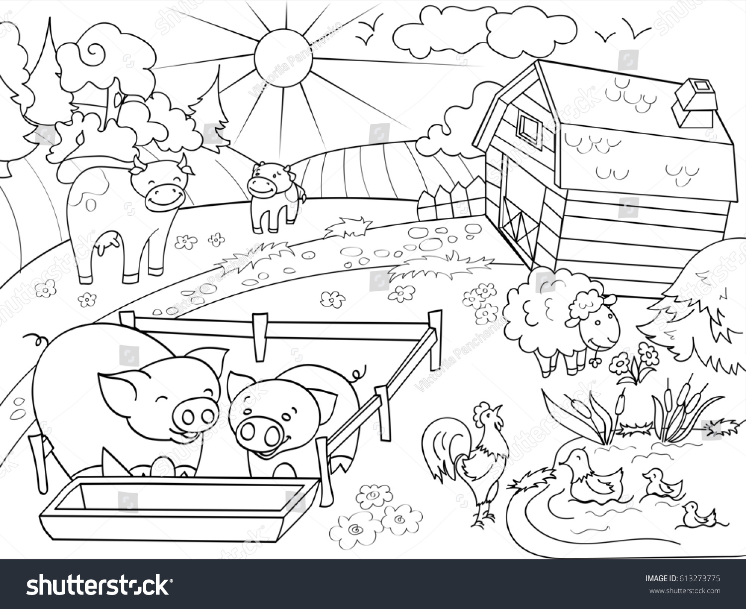 Farm Animals Rural Landscape Coloring Book Stock Illustration 613273775 ...