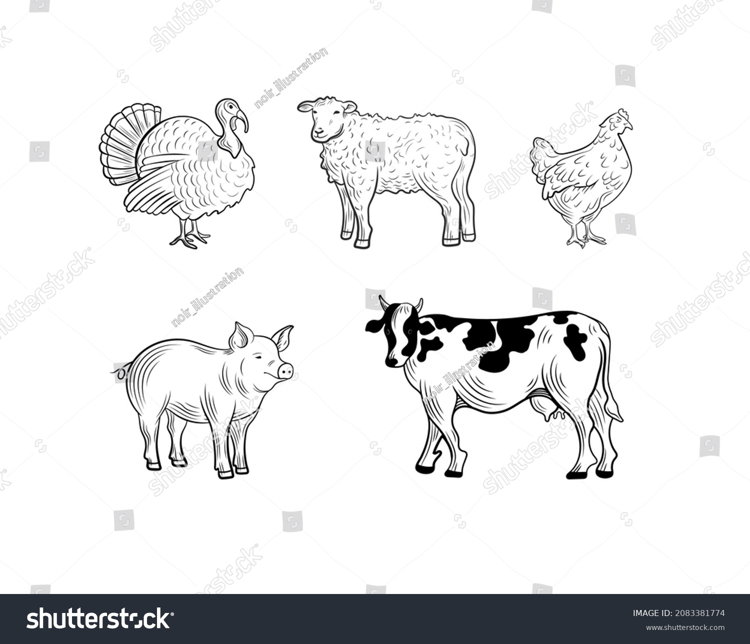 Farm Animals Set Engraving Style Illustrations Stock Illustration ...