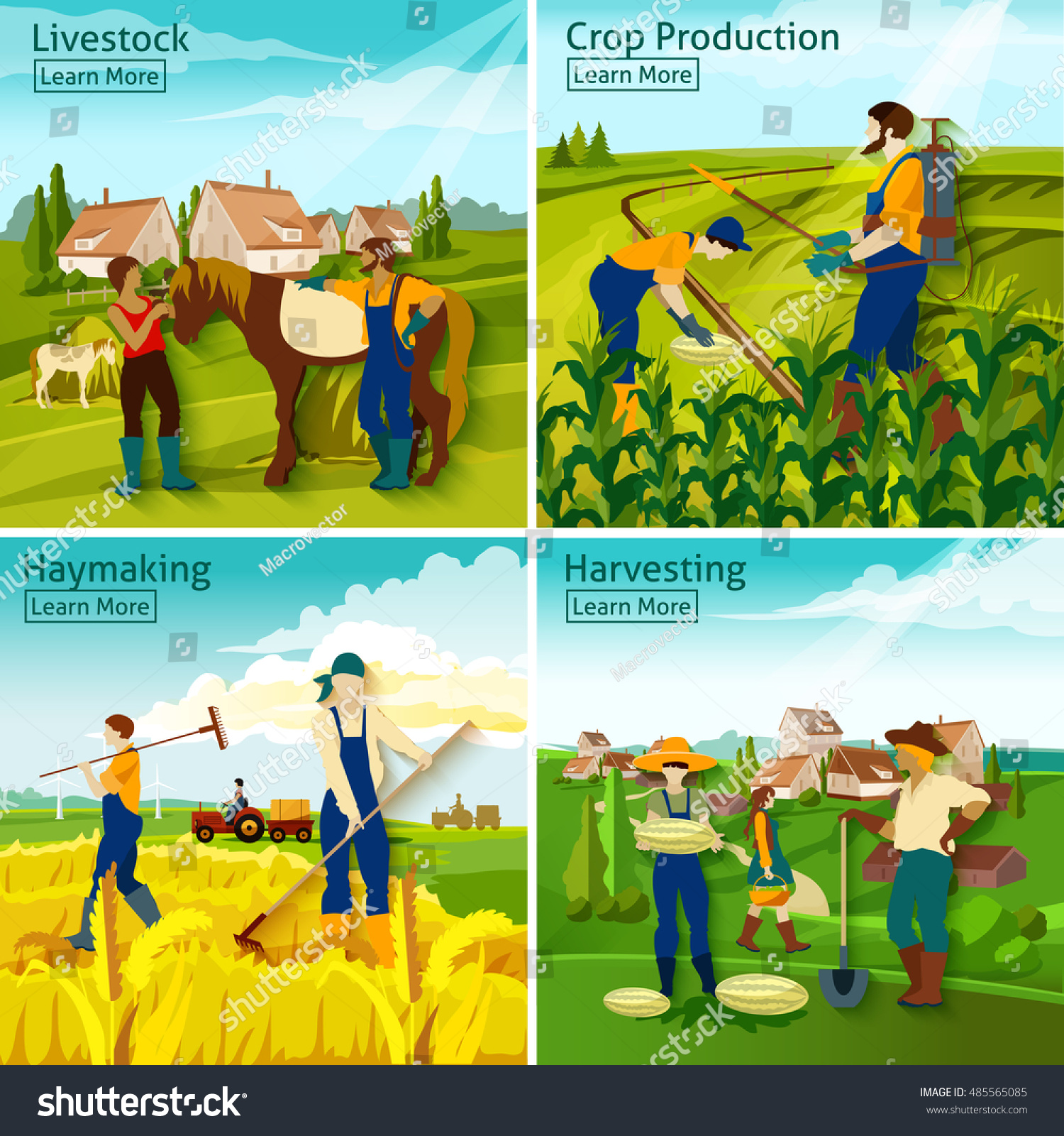 Farming 2x2 Design Concept With Farmers Busy In Livestock Crop ...