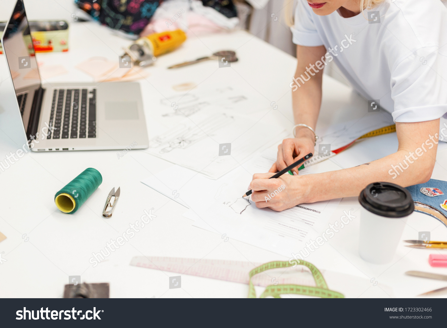 Fashion Designer Draws Sketch Studio Creative Stock Photo 1723302466