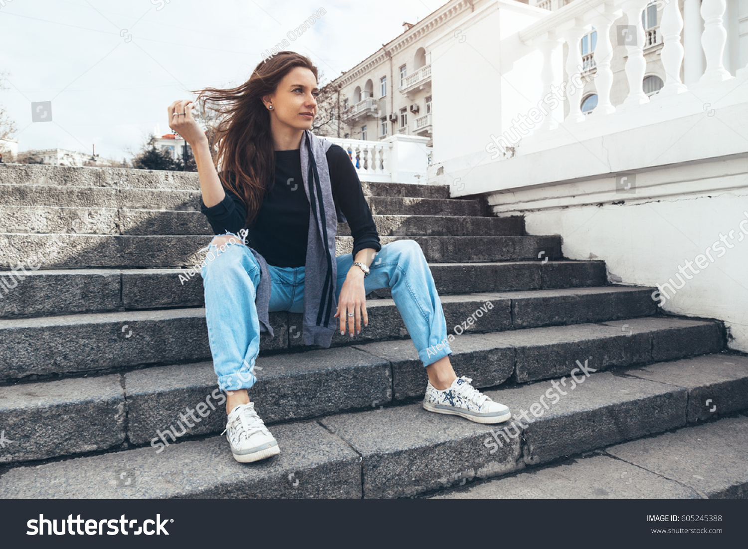 Fashion Model Wearing Ripped Boyfriend Jeans Stock Photo Edit Now