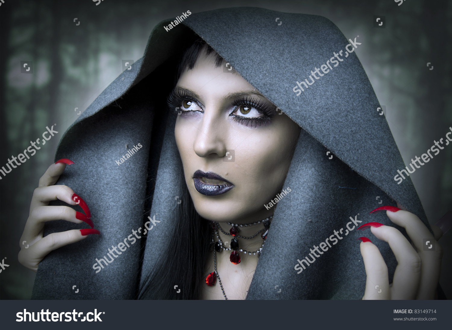 Fashion Portrait Of Young Beauty Woman - Witch In Dark Forest. Makeup ...