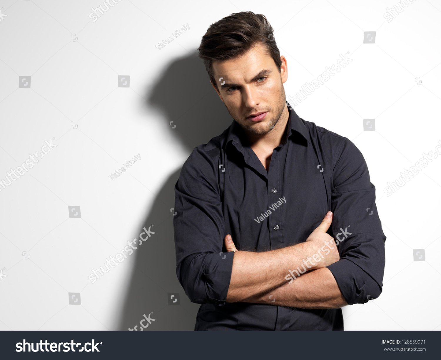 Fashion Portrait Young Man Black Shirt Stock Photo 128559971 - Shutterstock