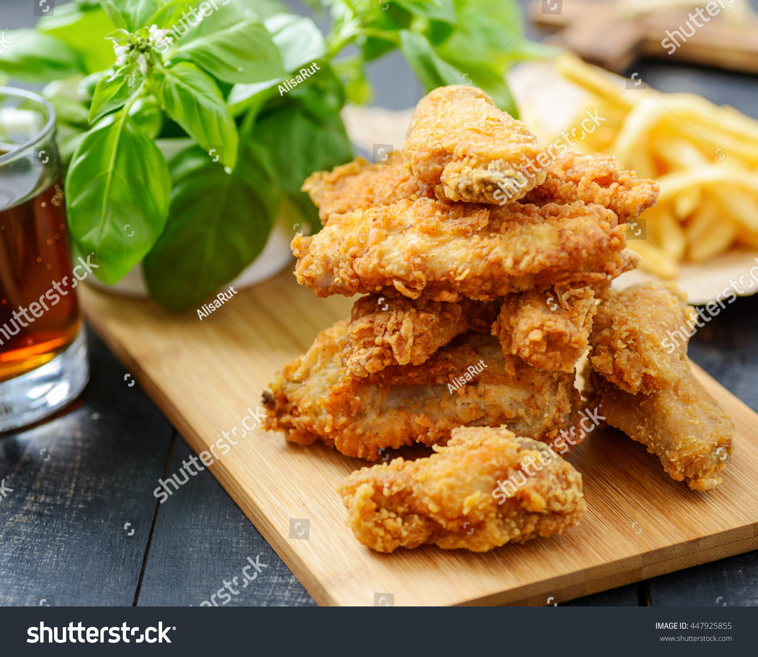 Fast Food Set - Fried Chicken And French Fries On Wooden Background ...