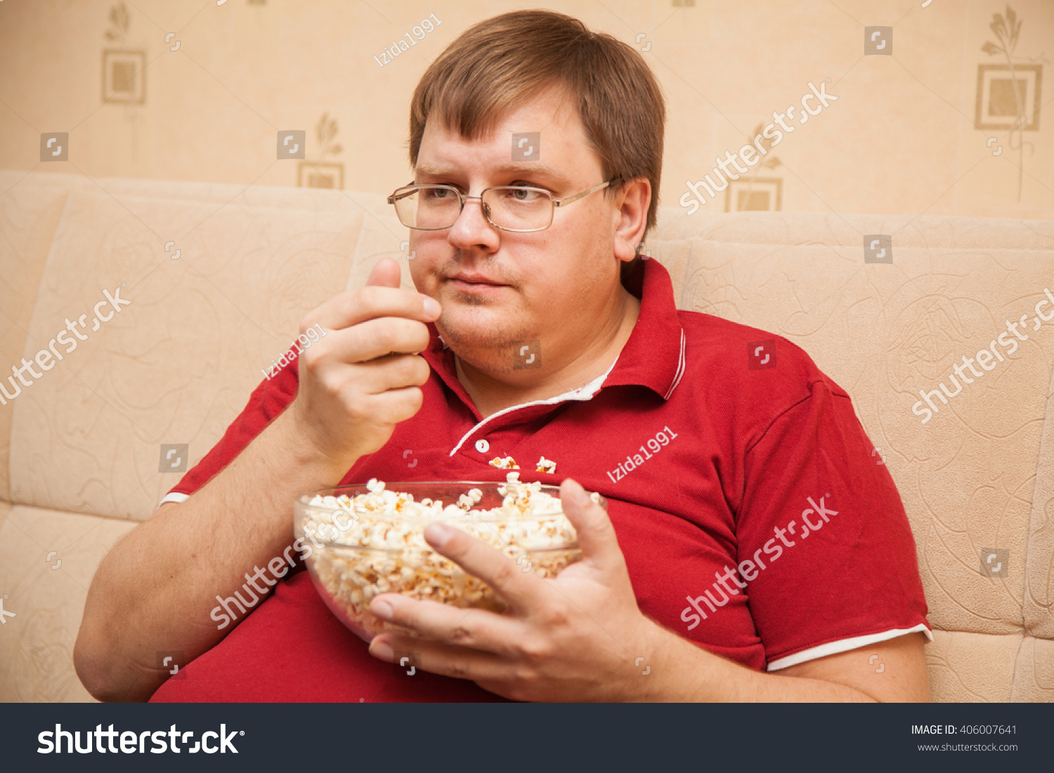 Fat Man Eating Popcorn Stock Photo Edit Now 406007641