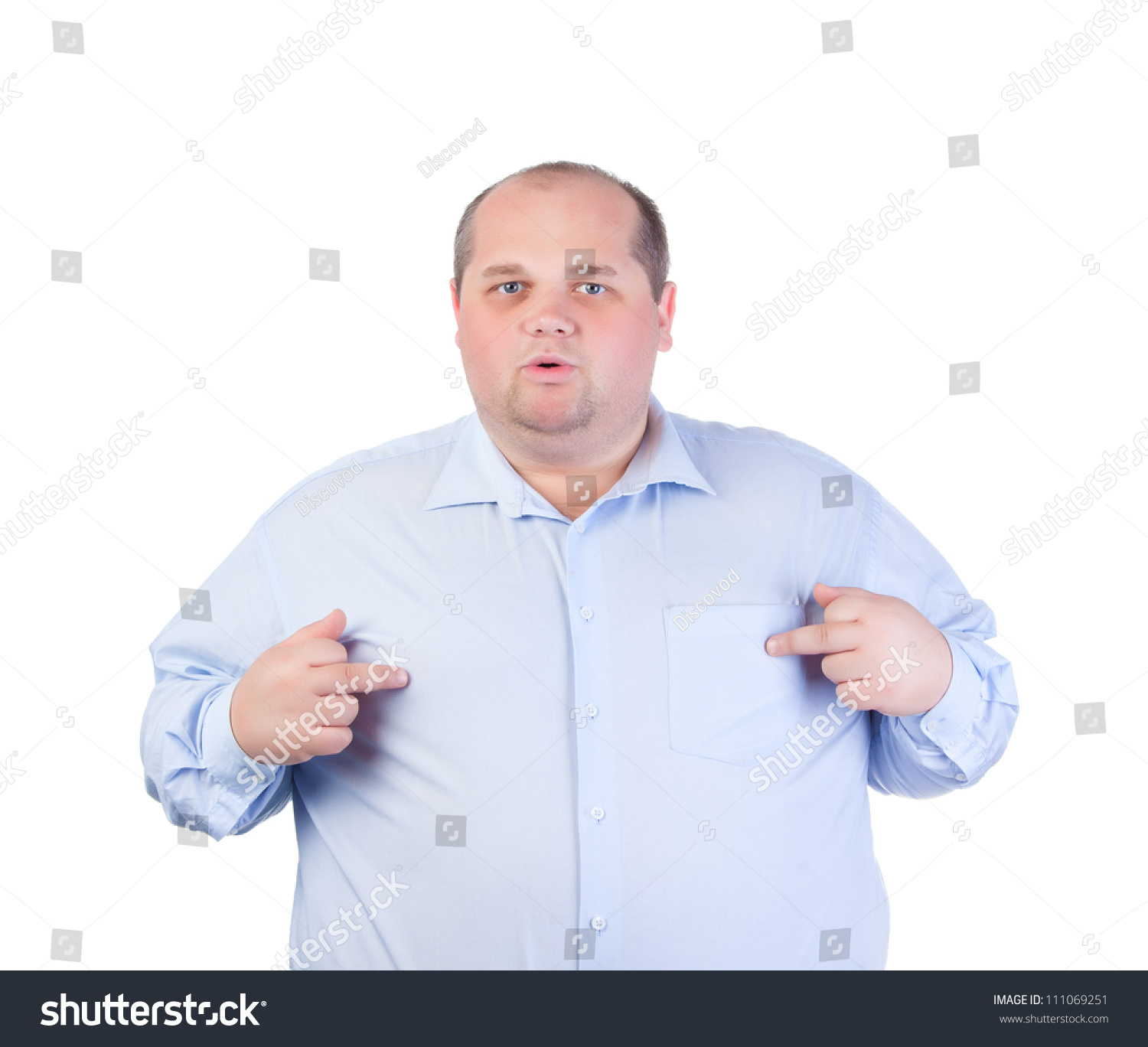 Fat Man In A Blue Shirt, Showing Obscene Gestures, Isolated Stock Photo ...