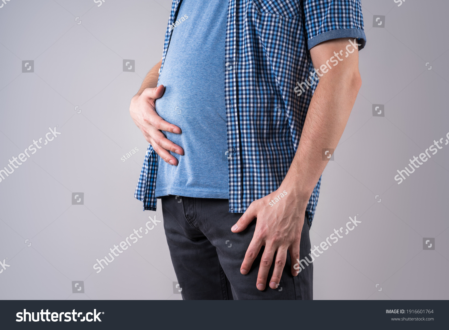 Fat Man Bloating Abdominal Pain Overweight Stockfotó 1916601764