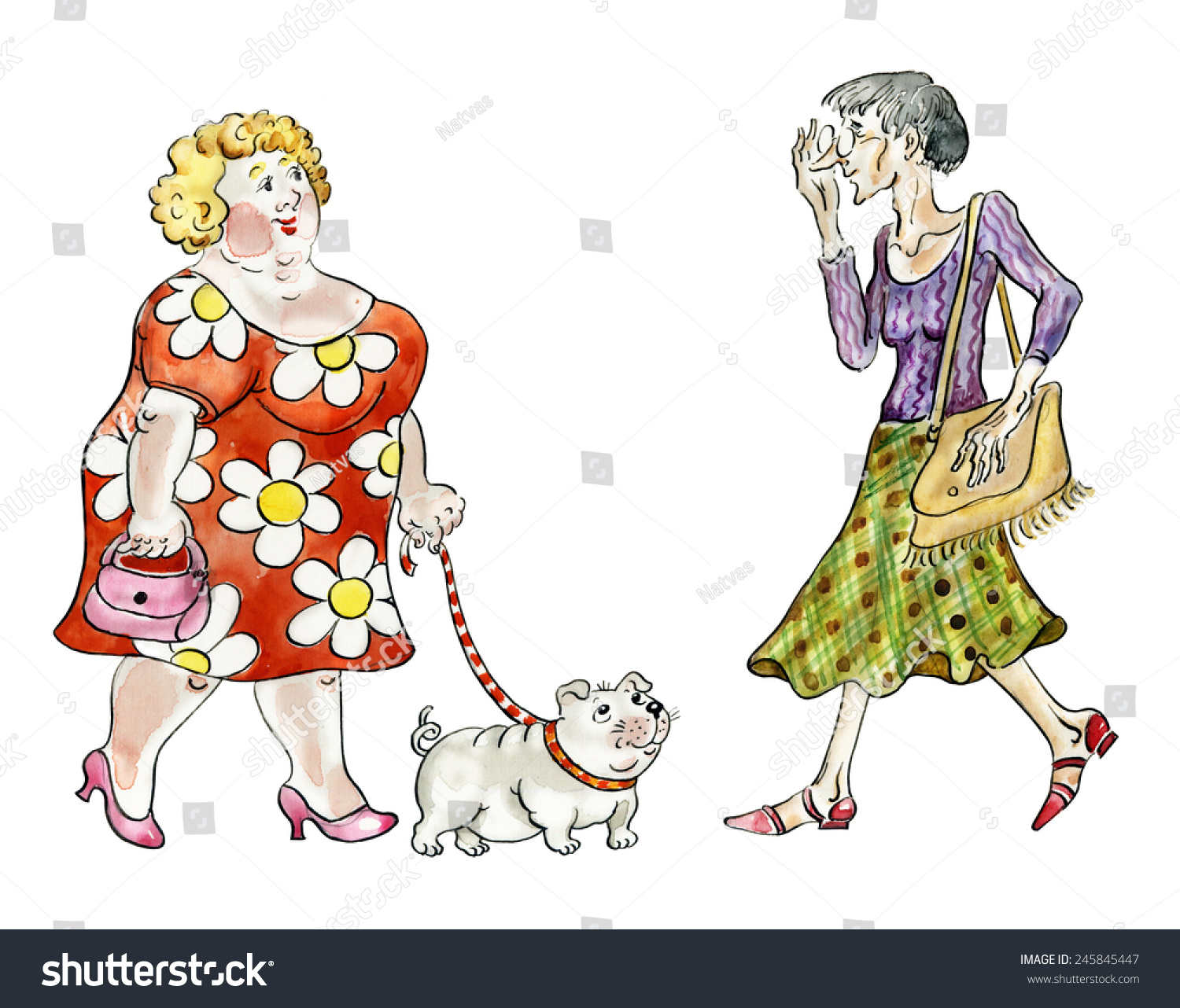 Fat Woman Dog Walking Meeting Thin Stock Illustration 245845447