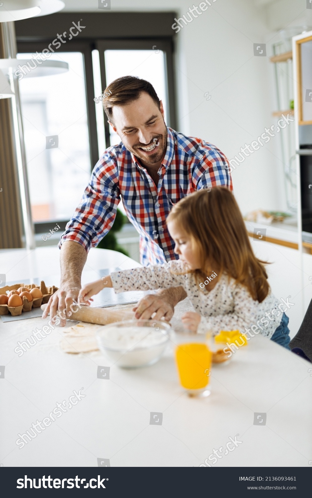 27 009 Dad Kitchen Images Stock Photos Vectors Shutterstock   Stock Photo Father And His Daughter Using Rolling Pin On A Dough And Making Cookies In The Kitchen 2136093461 