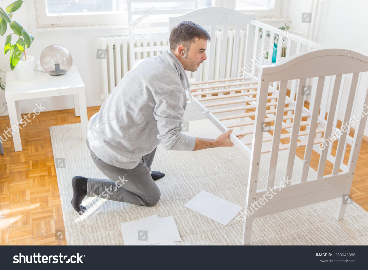 Father Assembly Crib Newborn Child Stock Photo Edit Now 1280046388