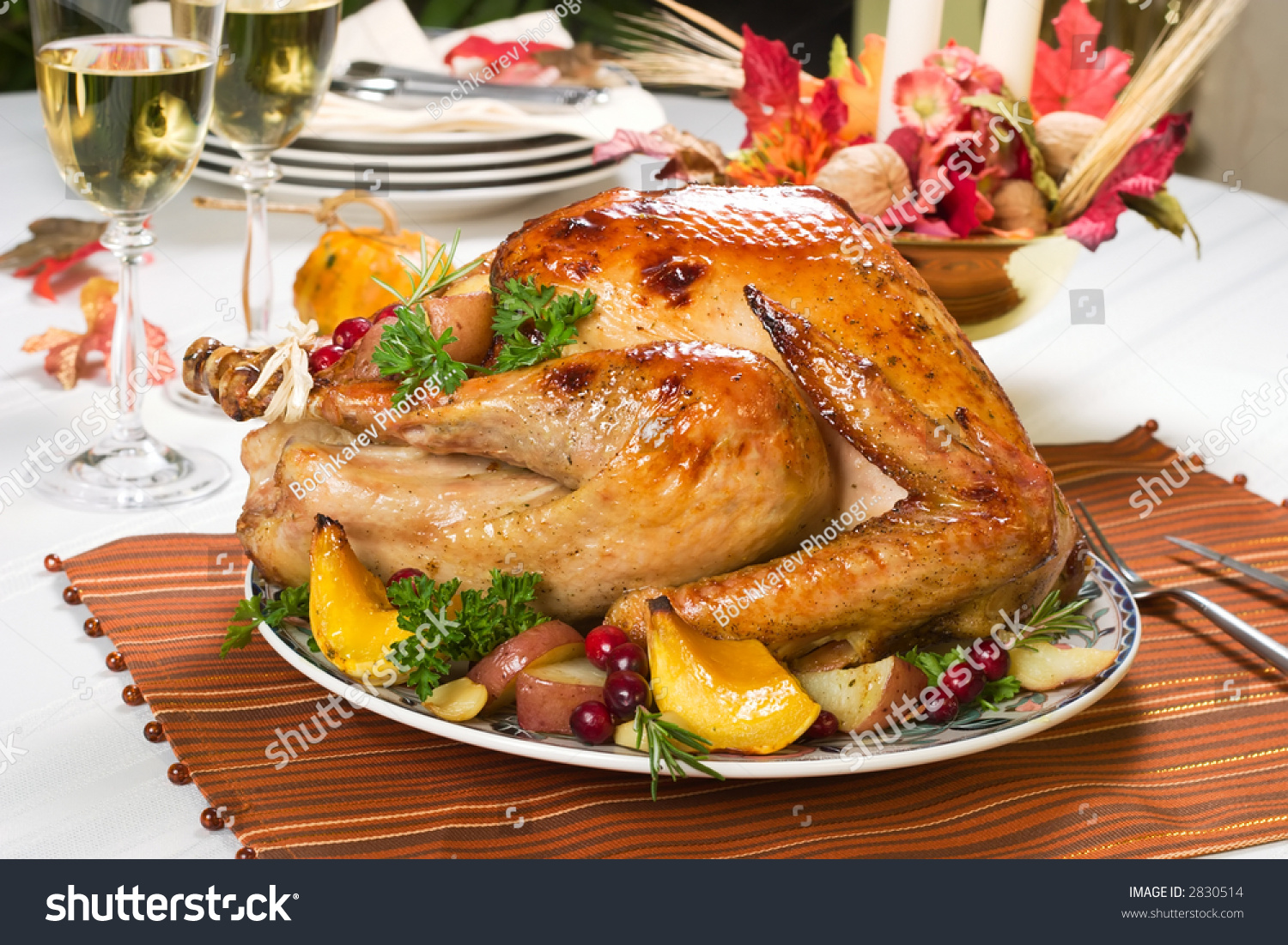 Feasting Backed Turkey On Holiday Table Ready To Eat Stock Photo ...